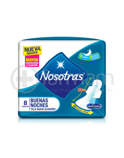 Nosotras Toalla Higienicas Buenas Noches Tela Suave Algodón 32Cm +Ancha Atras X8